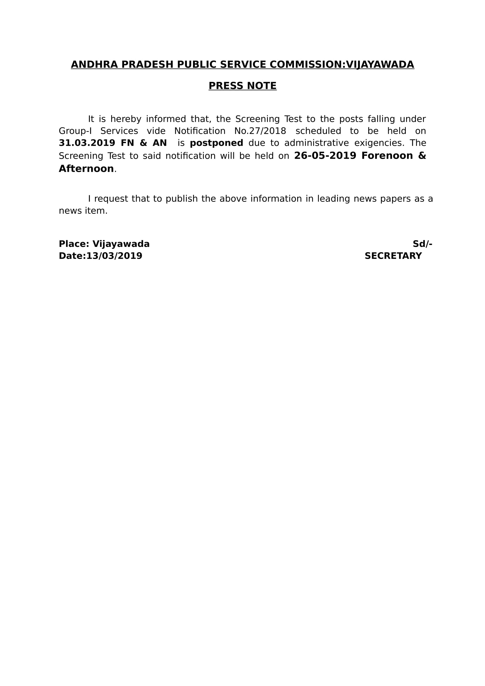 APPSC Group1 Exam Postponement Notification 2019