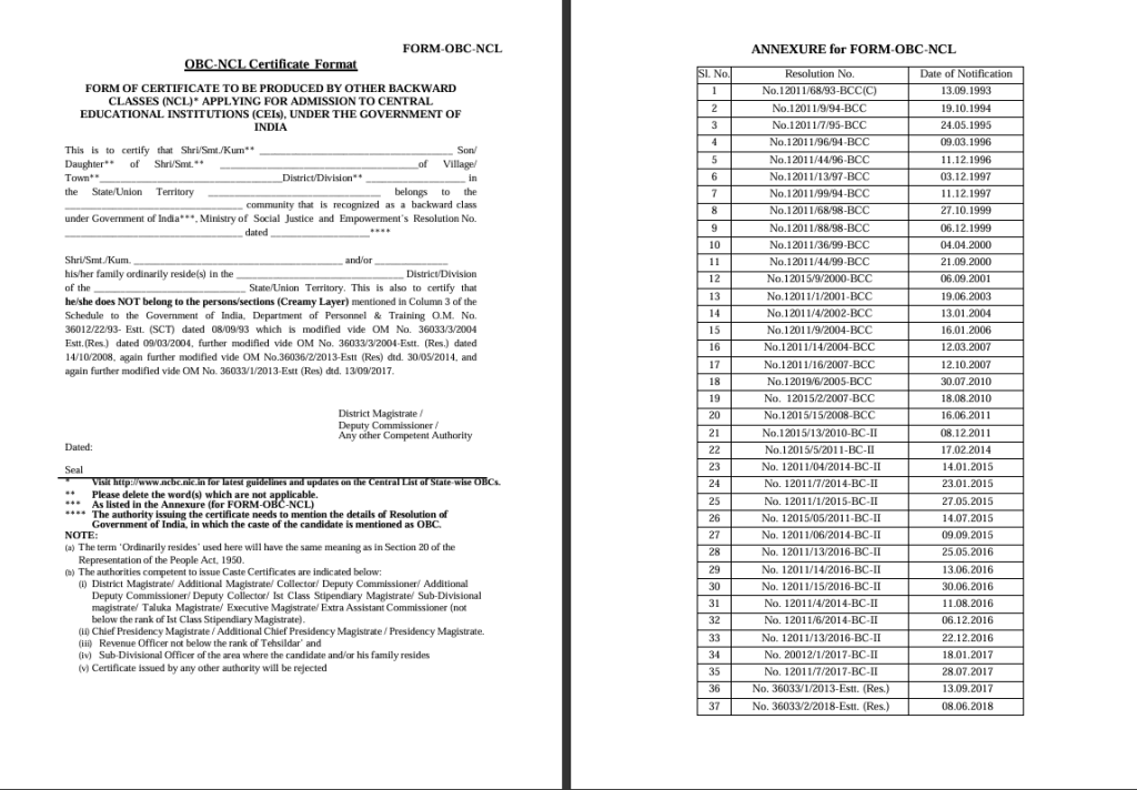 Central Govt Form -OBC-NCL