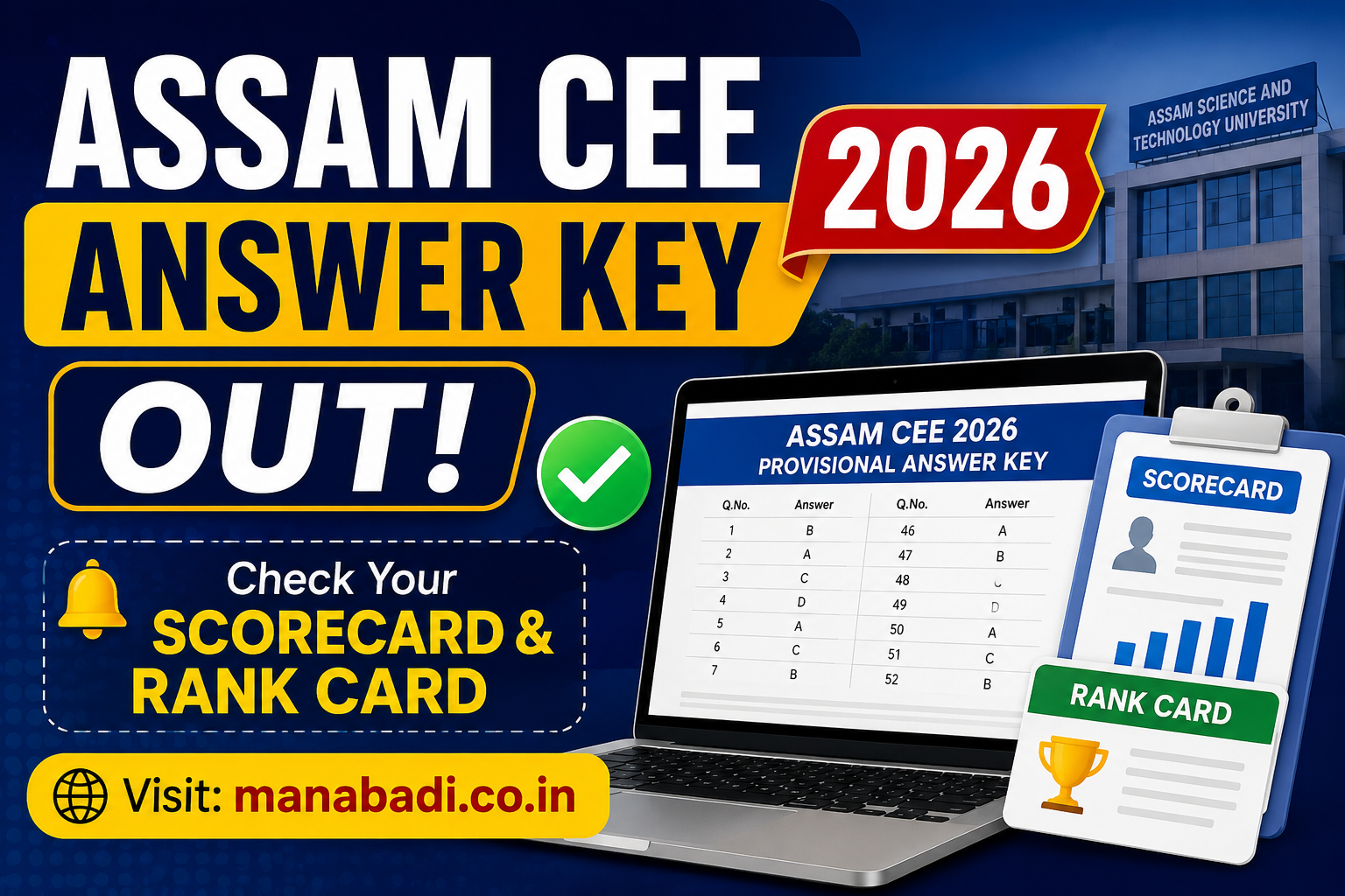 Answer Rank Assam CEE Answer Key 2026 Out, at astu.ac.in, Check Scorecard & Rank Card